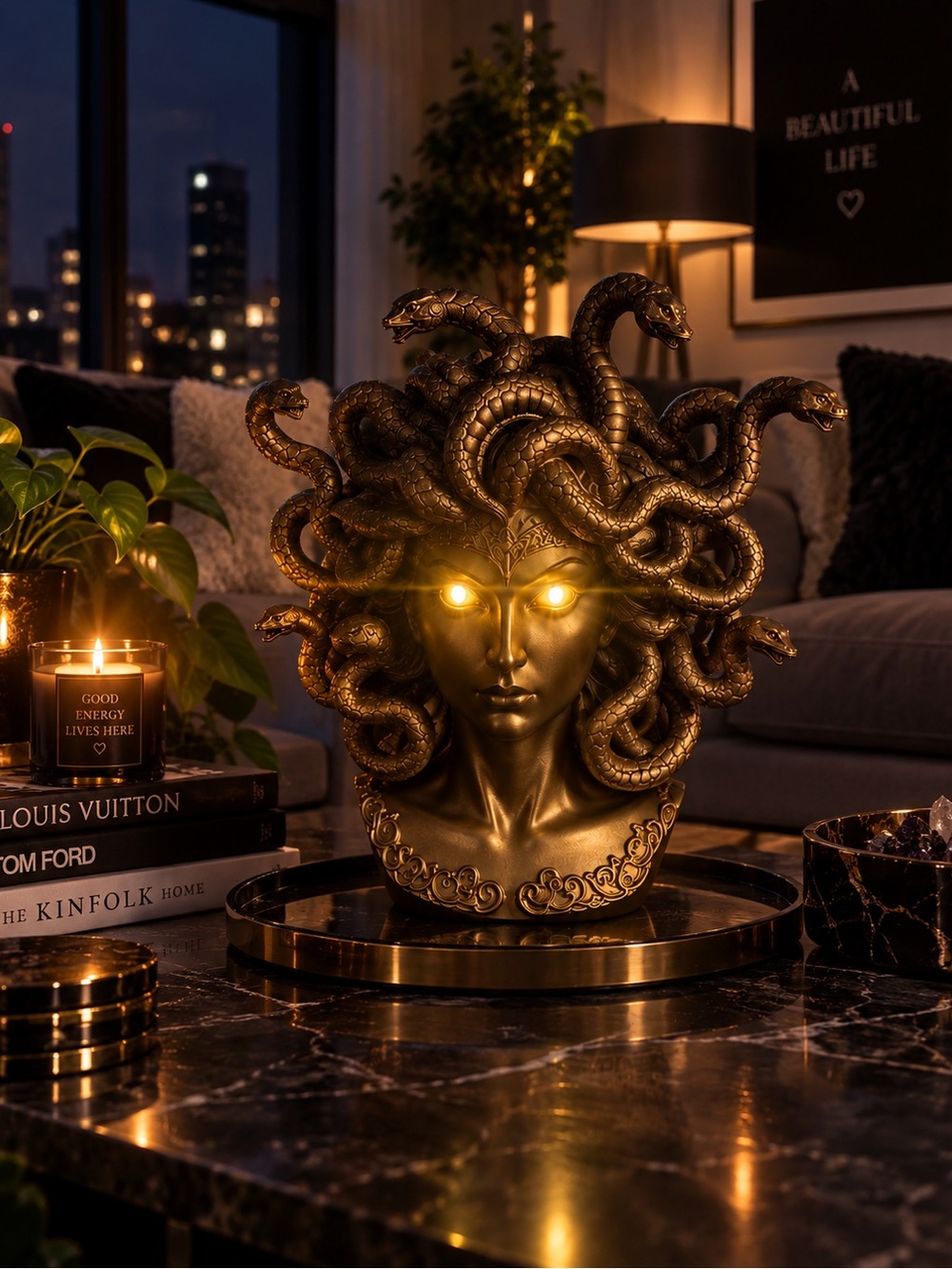 Light Up Medusa Bust Table Sculpture in Antique Gold – Decorative Home Art